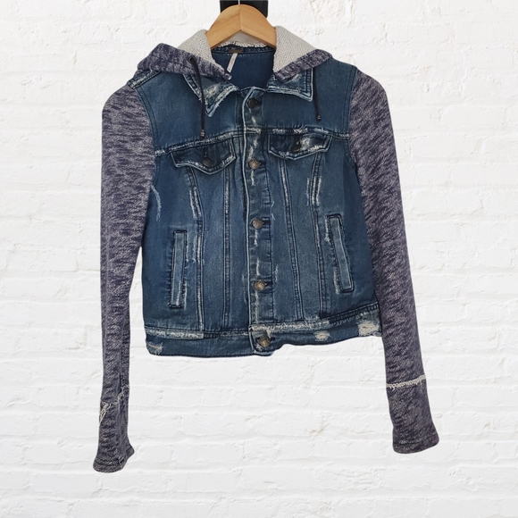 Free People XS Cropped Denim Jacket with Lavender Knit